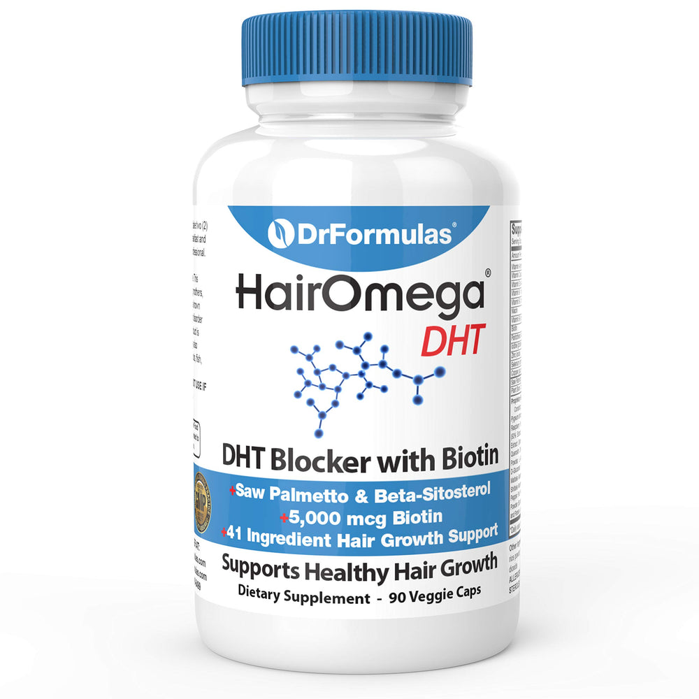 DrFormulas frasco HairOmega frente mostrando etiqueta y ventaja fortalecedora