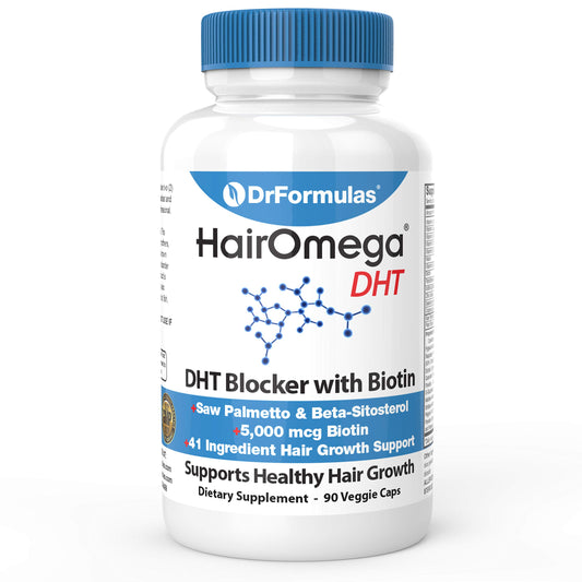 DrFormulas frasco HairOmega frente mostrando etiqueta y ventaja fortalecedora