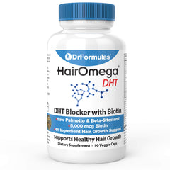 DrFormulas frasco HairOmega frente mostrando etiqueta y ventaja fortalecedora