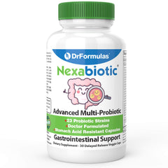 DrFormulas Nexabiotic 23 paquete frontal mostrando etiquetas claras y beneficios