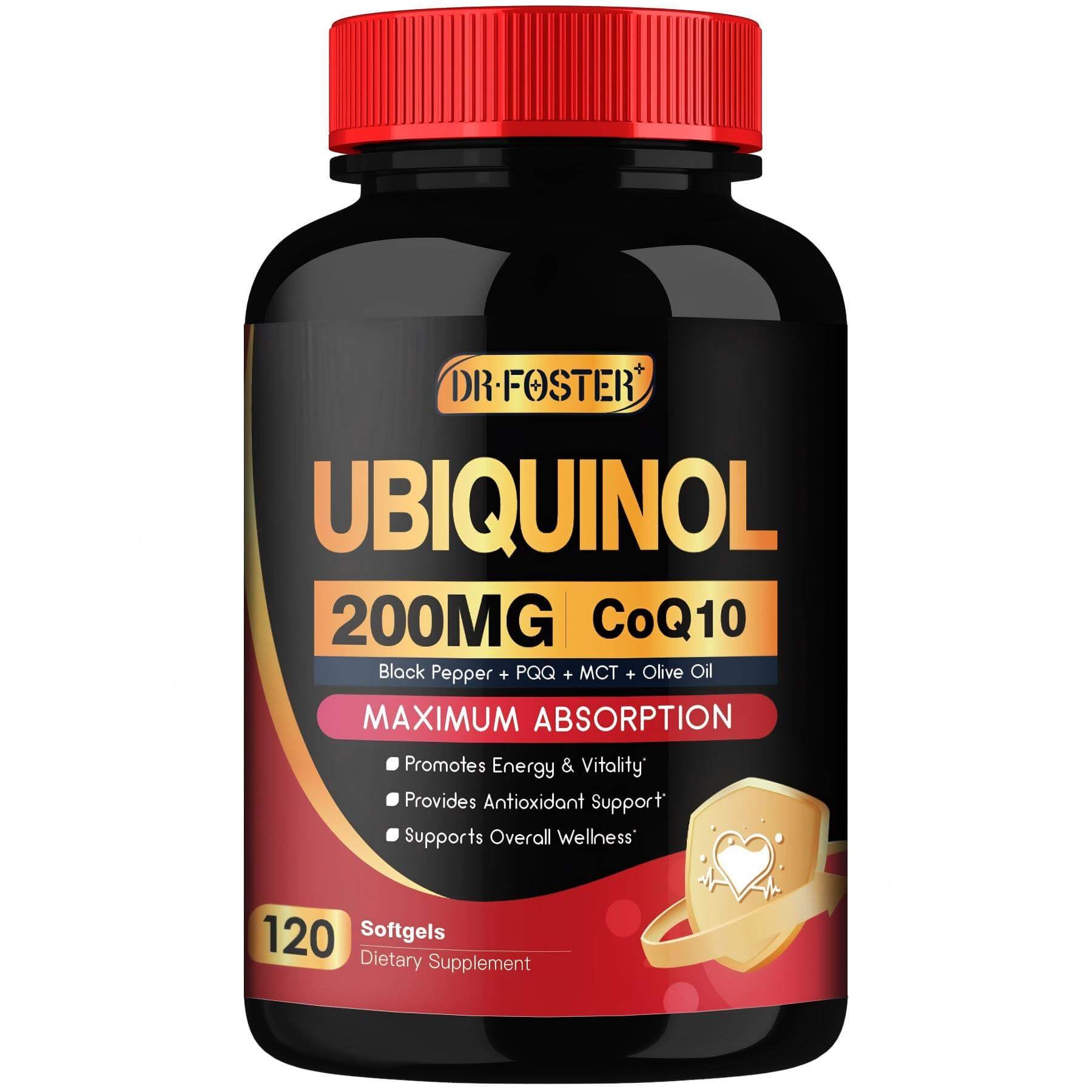 DRFOSTER envase frontal de Ubiquinol CoQ10 200 mg mostrando 120 cápsulas y beneficios