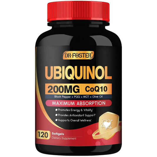 DRFOSTER envase frontal de Ubiquinol CoQ10 200 mg mostrando 120 cápsulas y beneficios