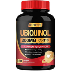DRFOSTER envase frontal de Ubiquinol CoQ10 200 mg mostrando 120 cápsulas y beneficios