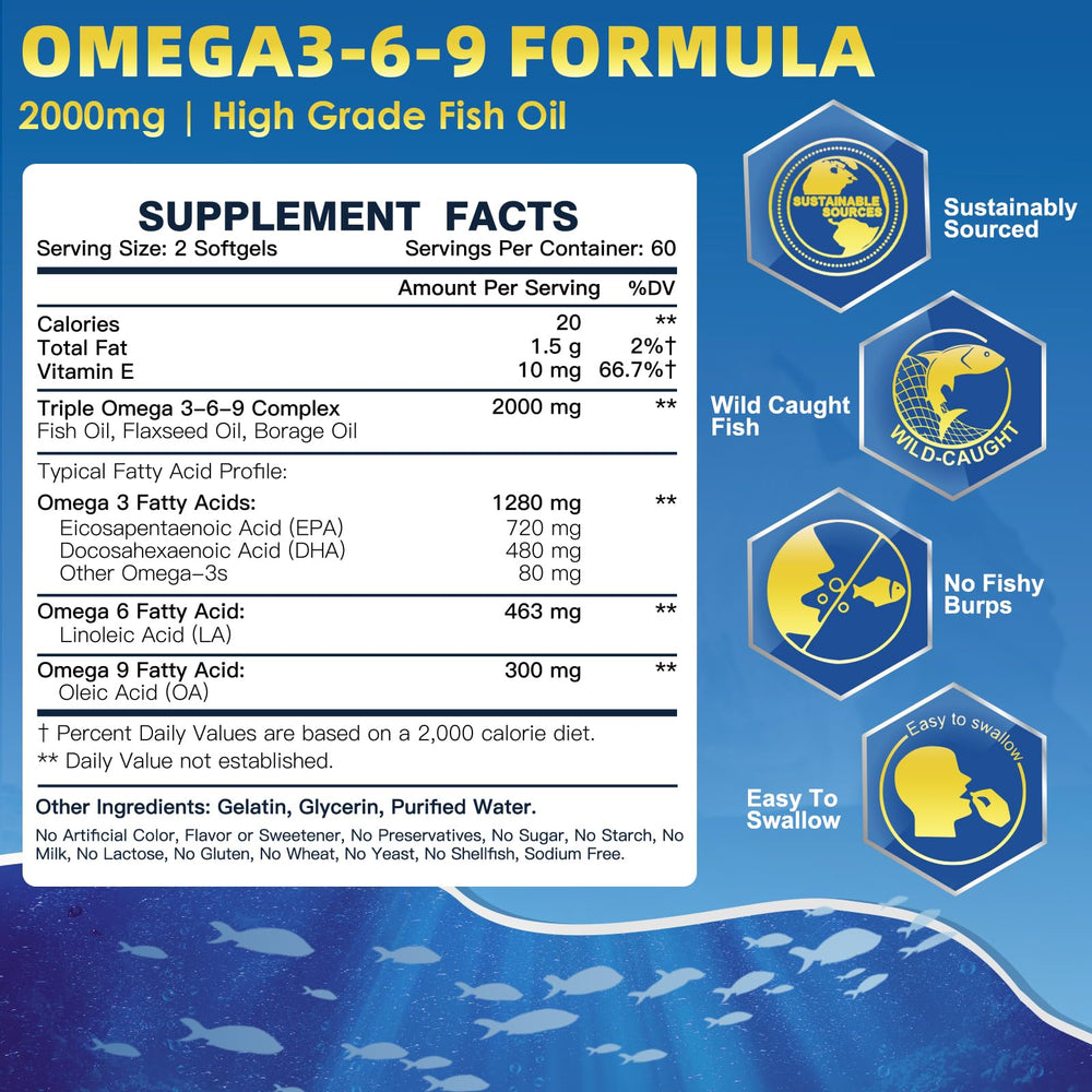 DRFOSTER Omega 3-6-9: botella en primer plano, promueve bienestar cardíaco y mental