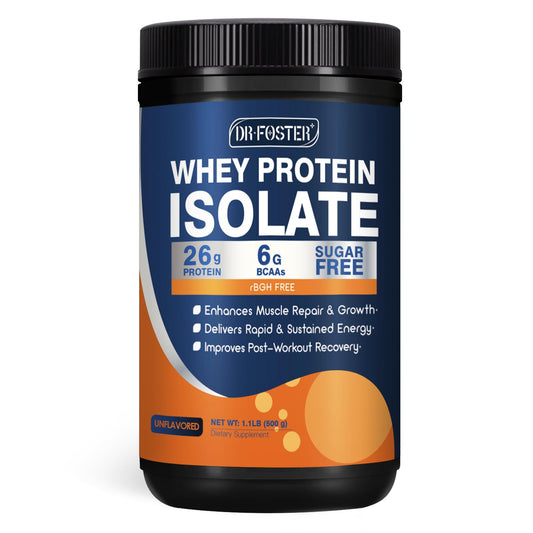 DRFOSTER Whey Isolate en lata de 1.1 lb con alta pureza de proteína.