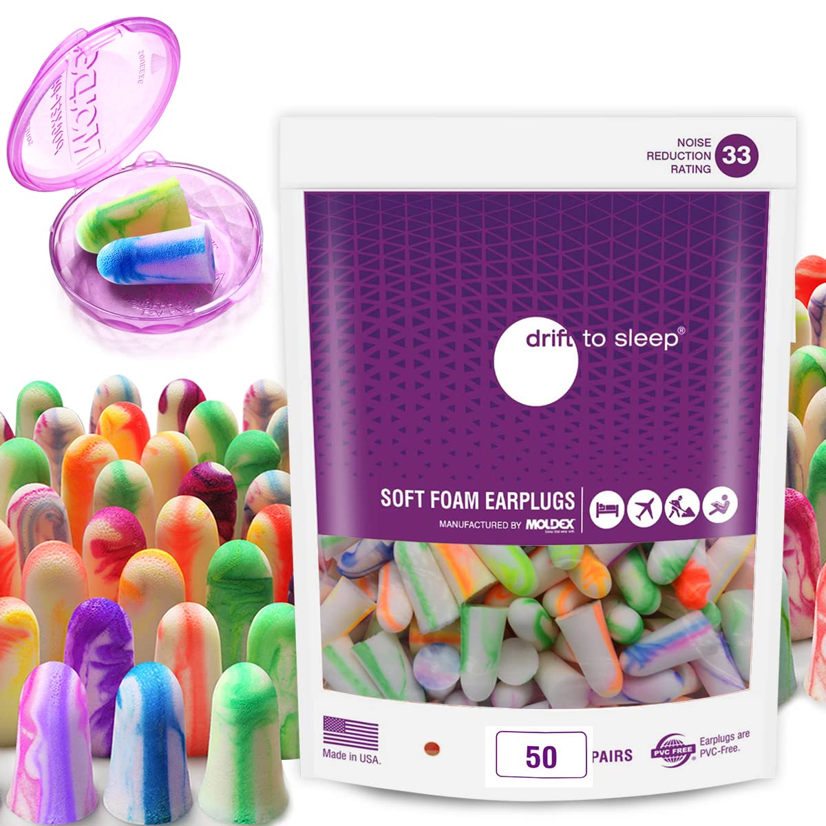DRIFT TO SLEEP MOLDEX Softies frontal del paquete mostrando 50 pares y colores