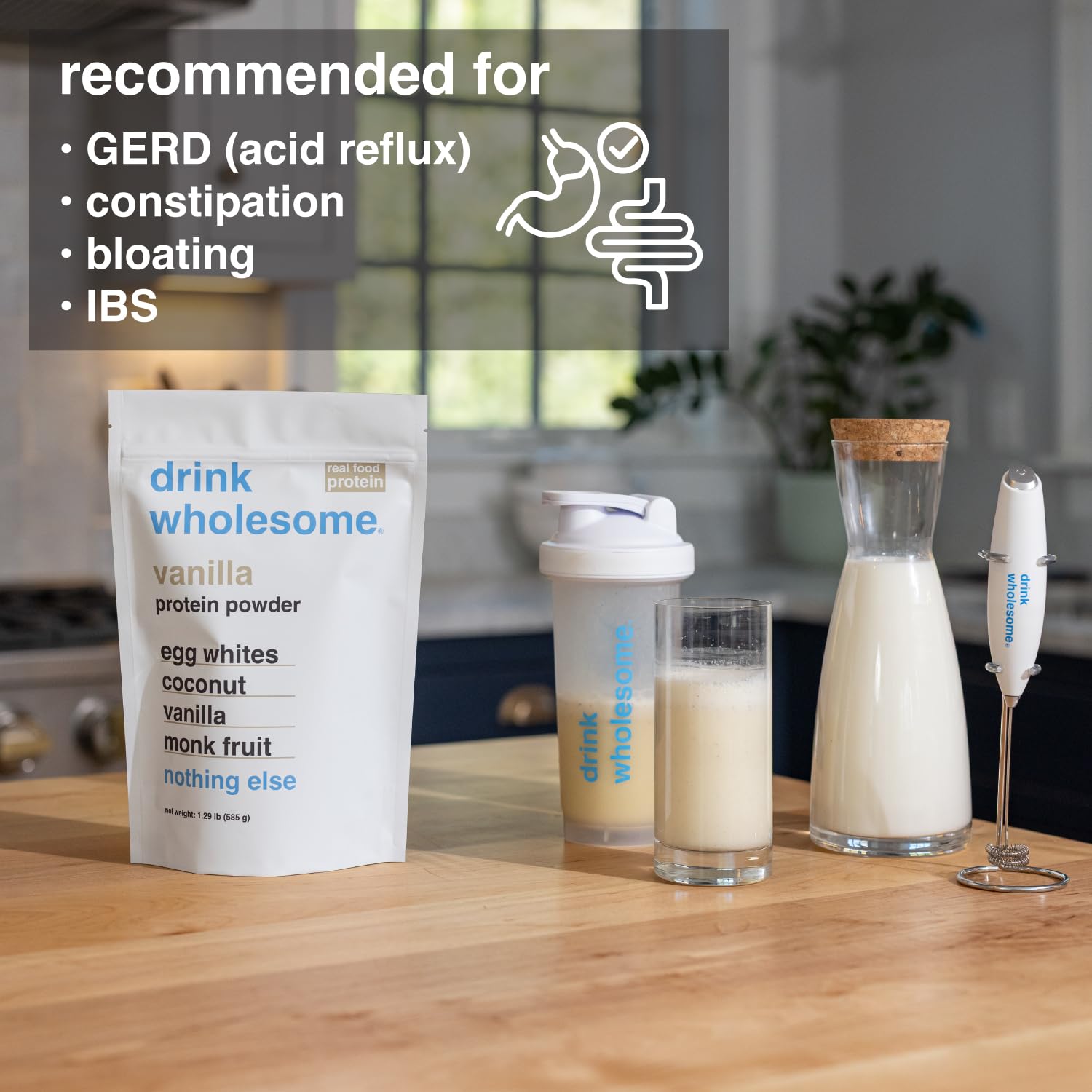 drink wholesome vaso con batido listo para beber, apoyo proteico digestivo