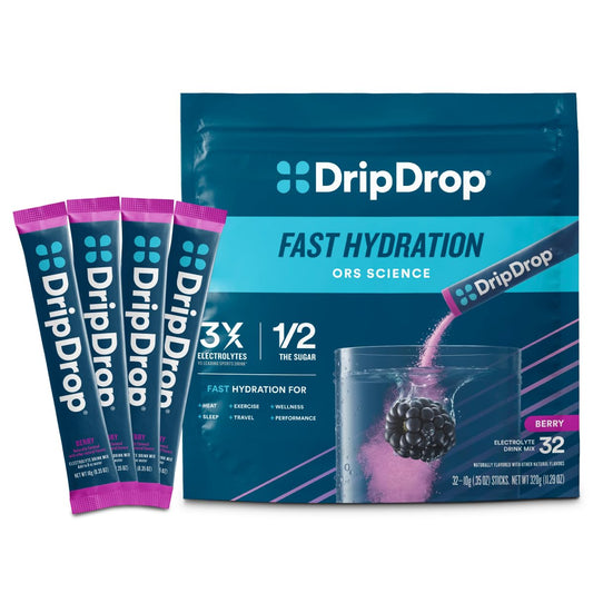 DripDrop empaque frontal mostrando sabor Berry y conveniencia