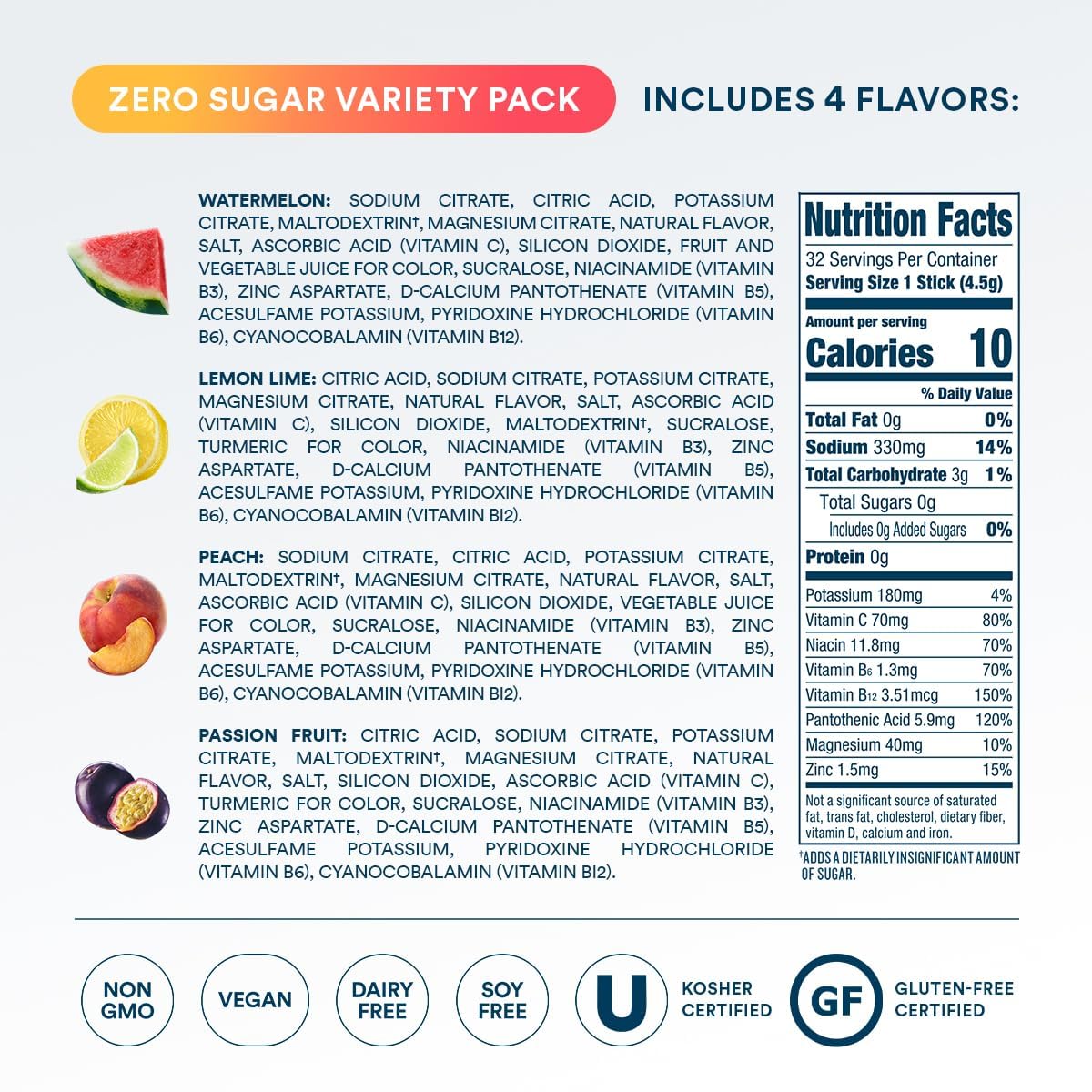 Primer plano etiqueta DripDrop con ingredientes y sellos sin gluten y kosher