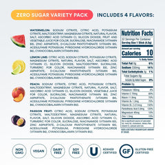 Primer plano etiqueta DripDrop con ingredientes y sellos sin gluten y kosher