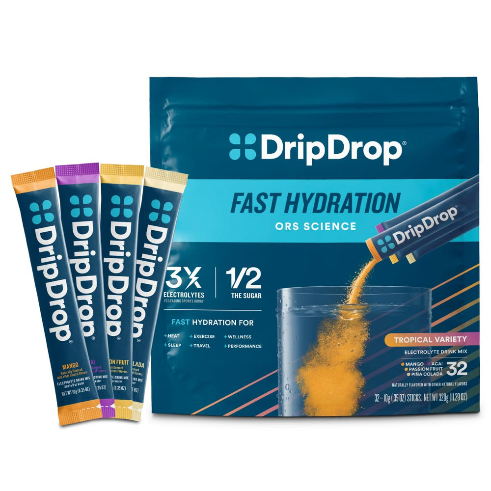 DripDrop empaque frontal tropical mostrando 32 sobres y beneficio portátil