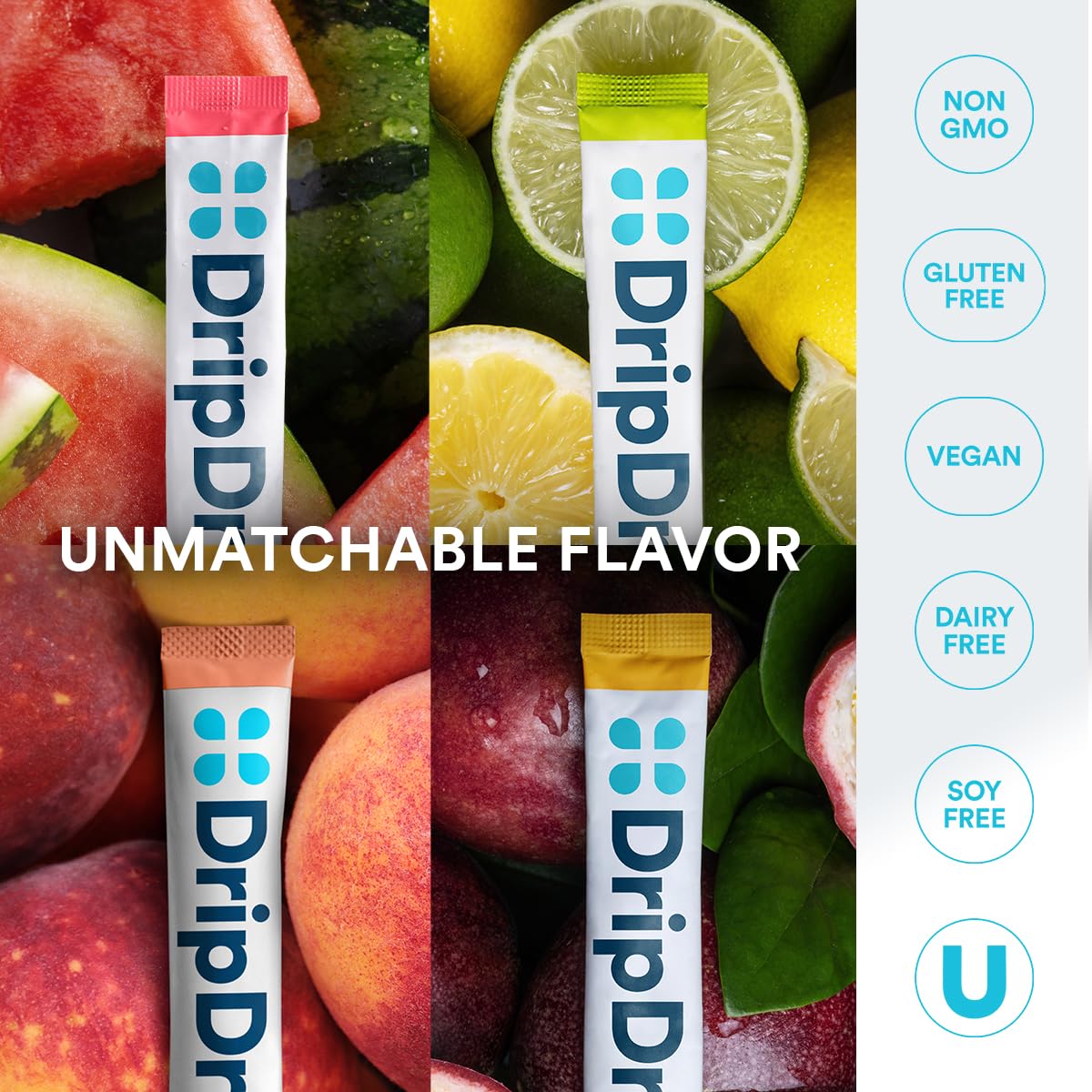 DripDrop varios sobres desplegados, fácil almacenamiento y selección de sabores