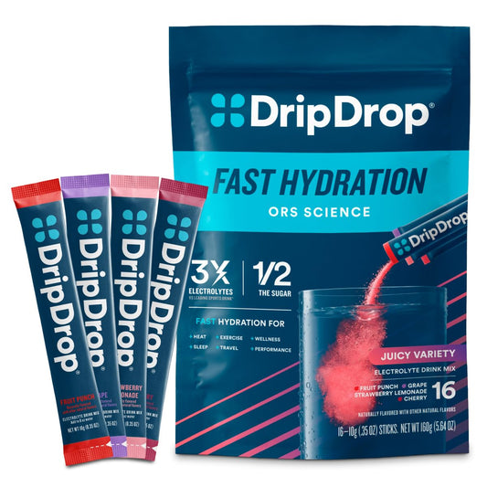 DripDrop empaque frontal Juicy Variety Pack mostrando conveniencia