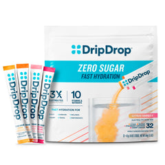 DripDrop frente del empaque variedad 32 sobres mostrando portabilidad y conveniencia