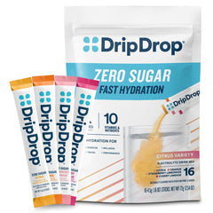 DripDrop frente del empaque mostrando variedad y portabilidad