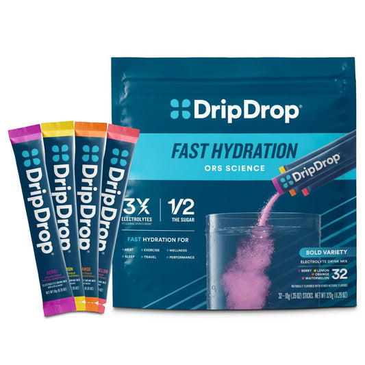 DripDrop frente del empaque mostrando 32 sobres con conveniencia