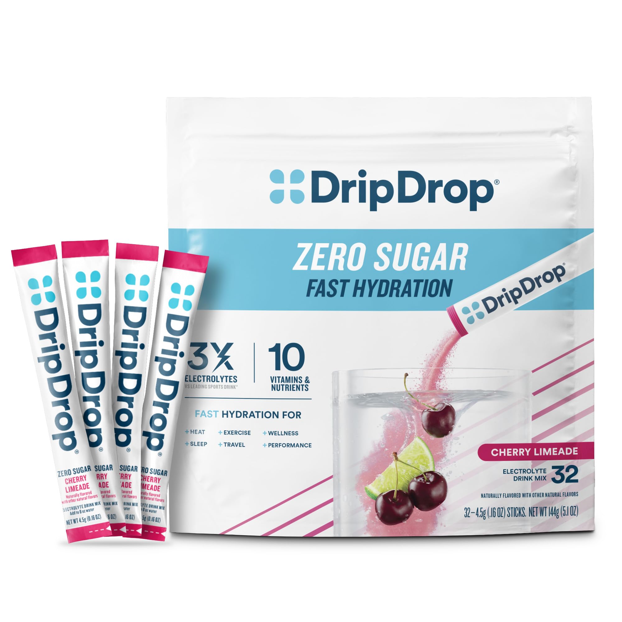 DripDrop frente del empaque mostrando 32 sobres y beneficio de hidratación rápida