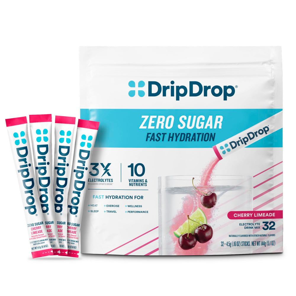 DripDrop frente del empaque mostrando 32 sobres y beneficio de hidratación rápida