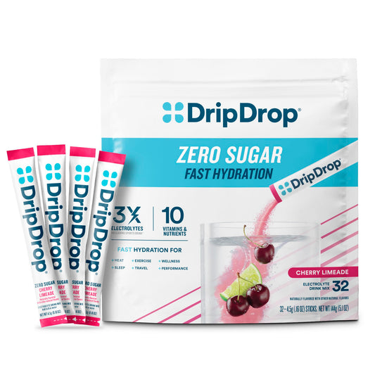 DripDrop frente del empaque mostrando 32 sobres y beneficio de hidratación rápida