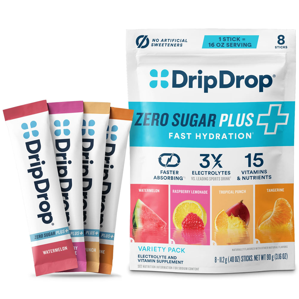 DripDrop frente del paquete variedad mostrando presentación y beneficios