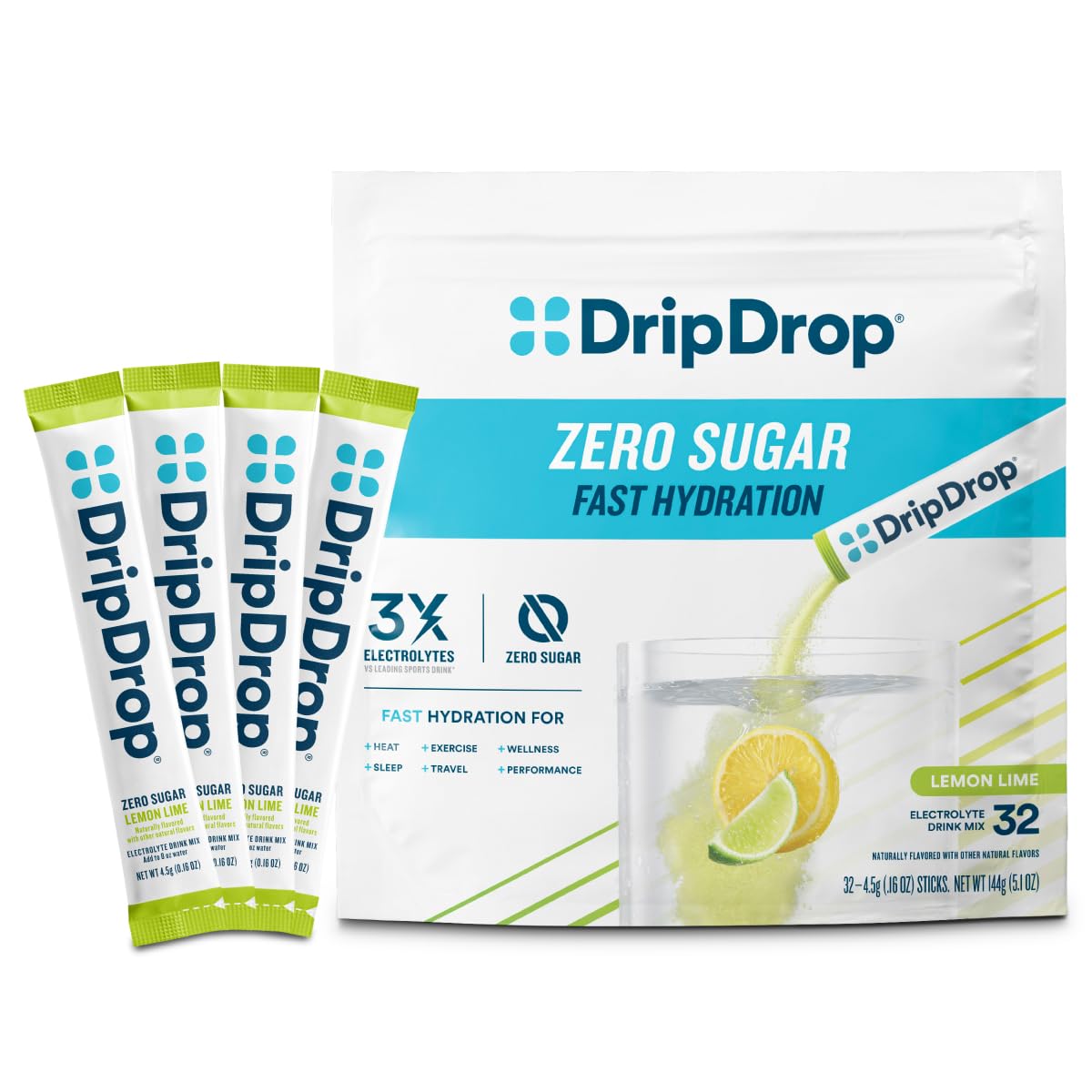 DripDrop caja frontal Lemon Lime mostrando presentación y beneficio rehidratación