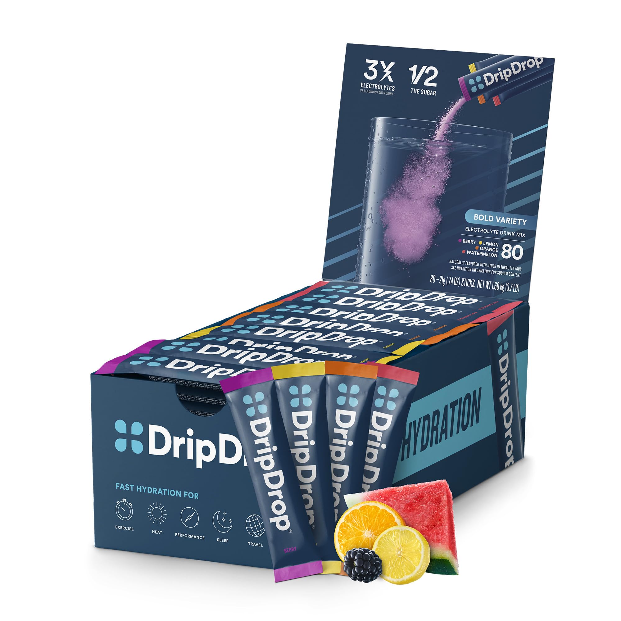 DripDrop frontal del pack de 80 sobres mostrando variedad y conveniencia