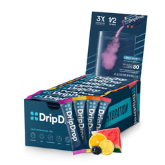 DripDrop frontal del pack de 80 sobres mostrando variedad y conveniencia