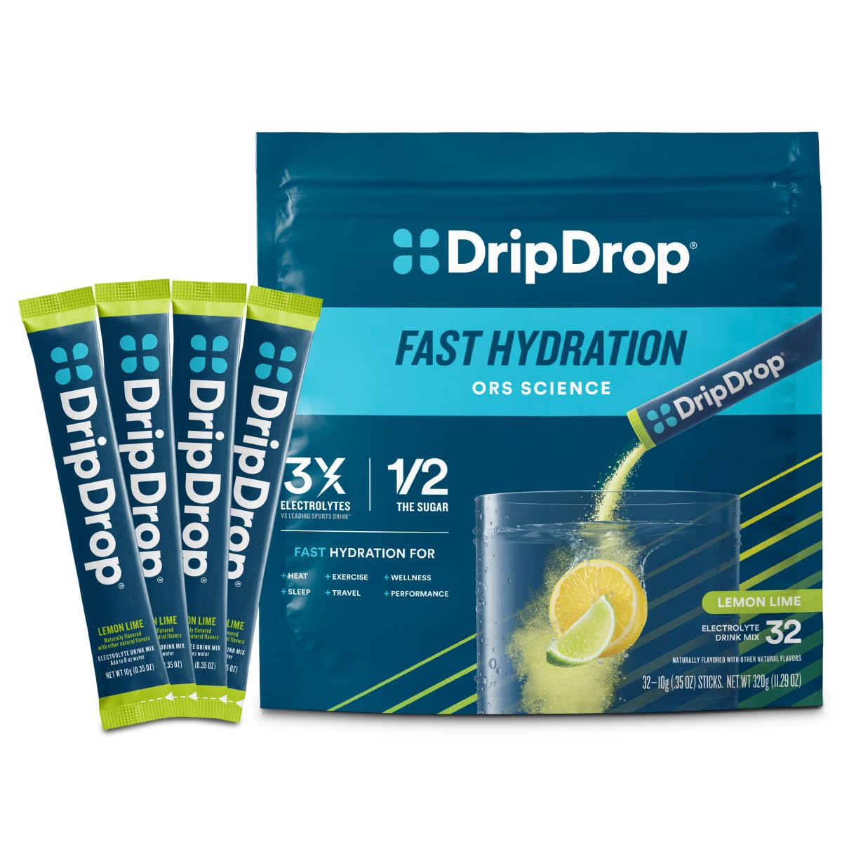 DripDrop paquete frontal 32 sobres mostrando conveniencia