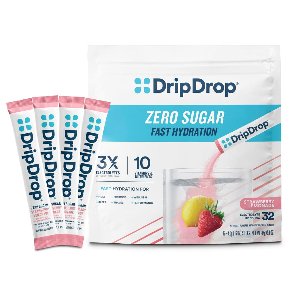 DripDrop paquete frontal Fresa-Limón mostrando 32 sobres y beneficios claros