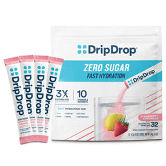 DripDrop paquete frontal Fresa-Limón mostrando 32 sobres y beneficios claros