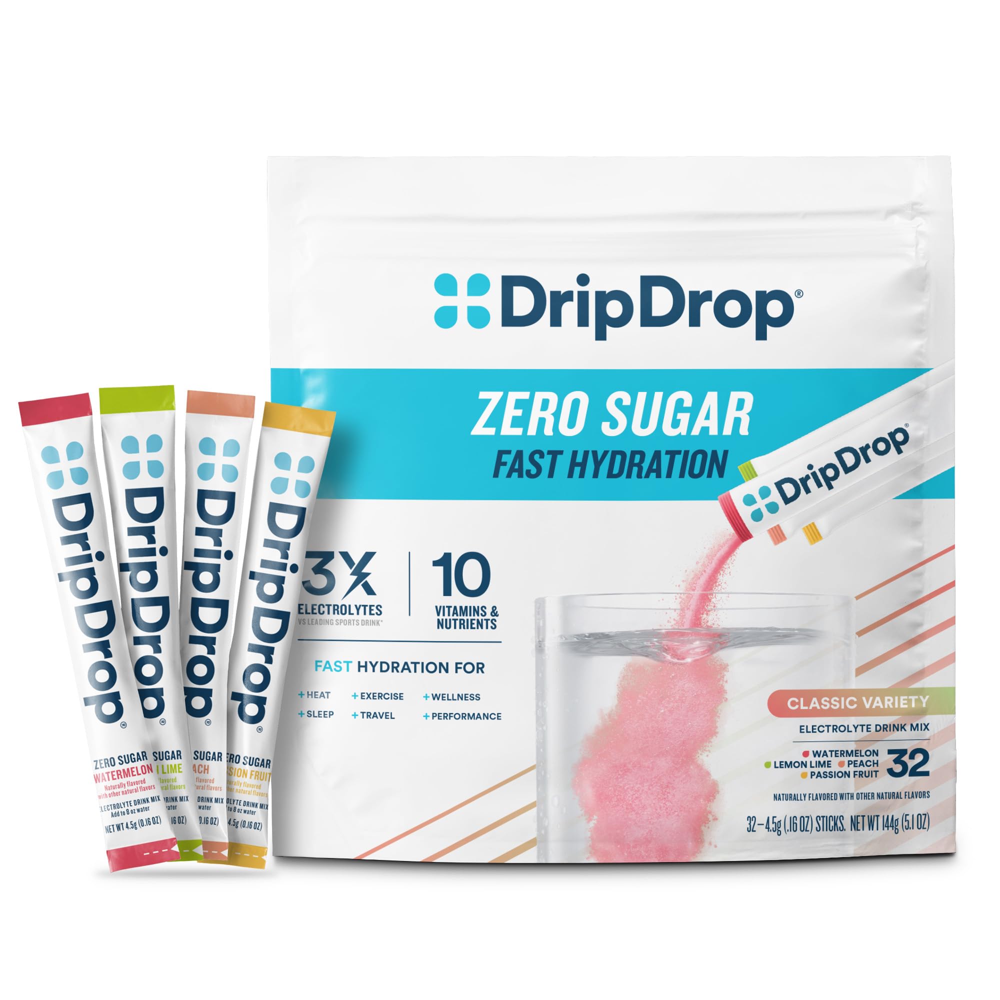DripDrop frontal del paquete mostrando variedad y beneficios de hidratación rápida