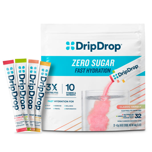 DripDrop frontal del paquete mostrando variedad y beneficios de hidratación rápida