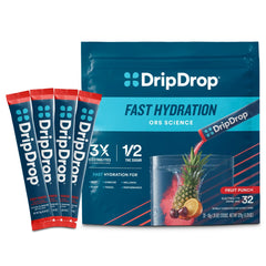 DripDrop frente del empaque mostrando 32 sobres y conveniencia