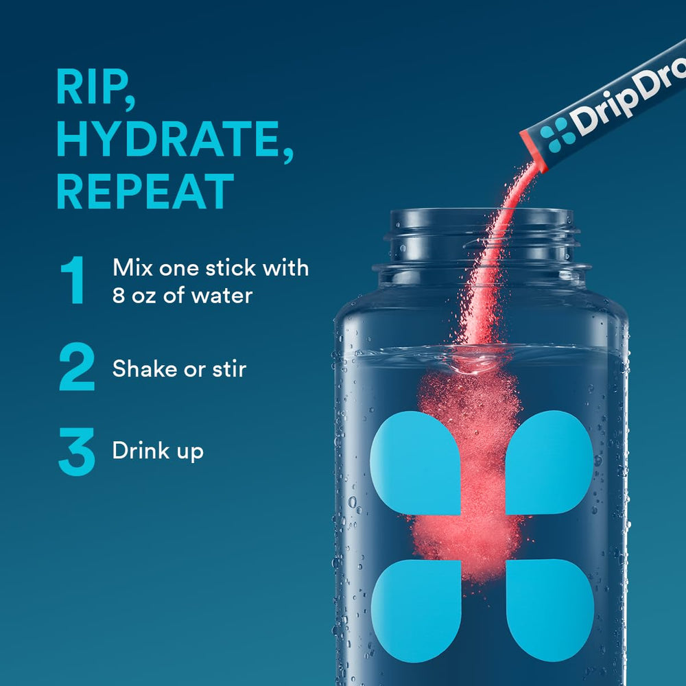 DripDrop polvo disolviéndose en agua, hidratación rápida visible