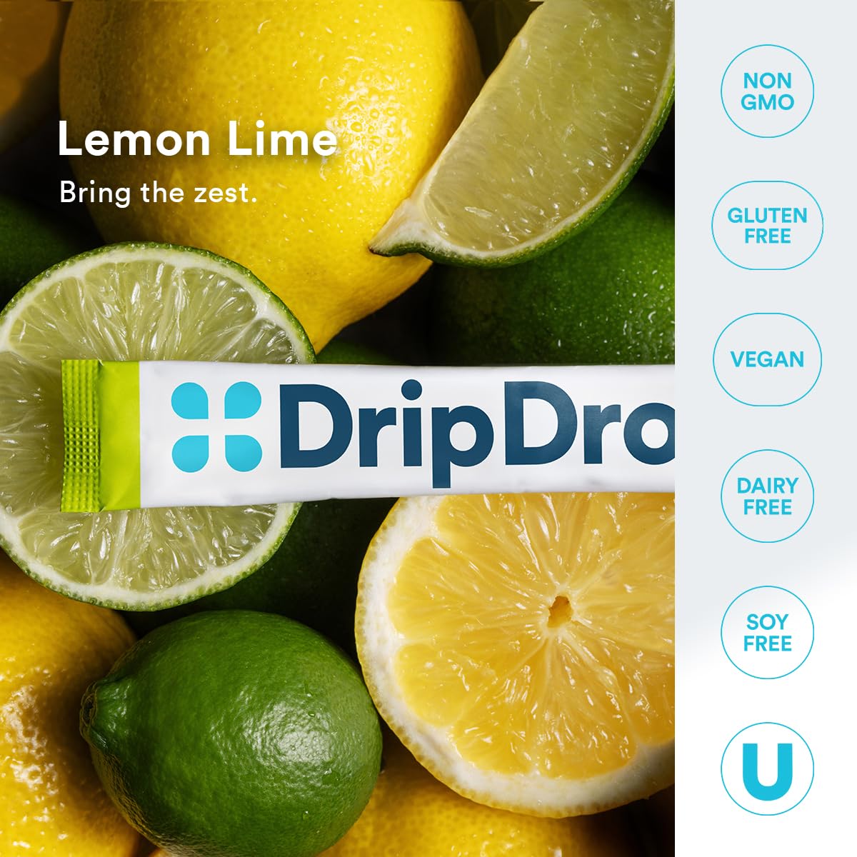DripDrop etiqueta con instrucciones y lista de electrolitos para uso seguro