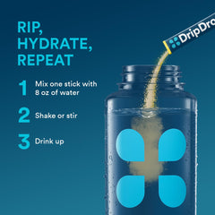 Comparación de tamaño del sobre DripDrop junto a una botella de agua