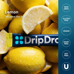 Detalle del polvo DripDrop Lemon mostrando textura fina y mezcla fácil