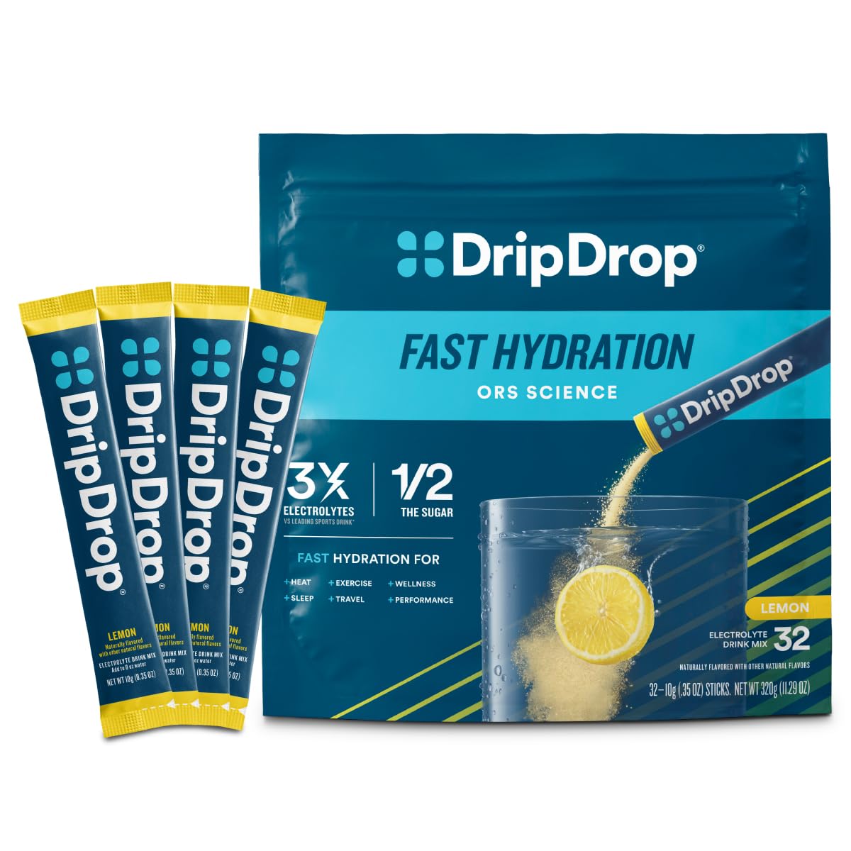 DripDrop frontal del paquete limón mostrando diseño y conveniencia