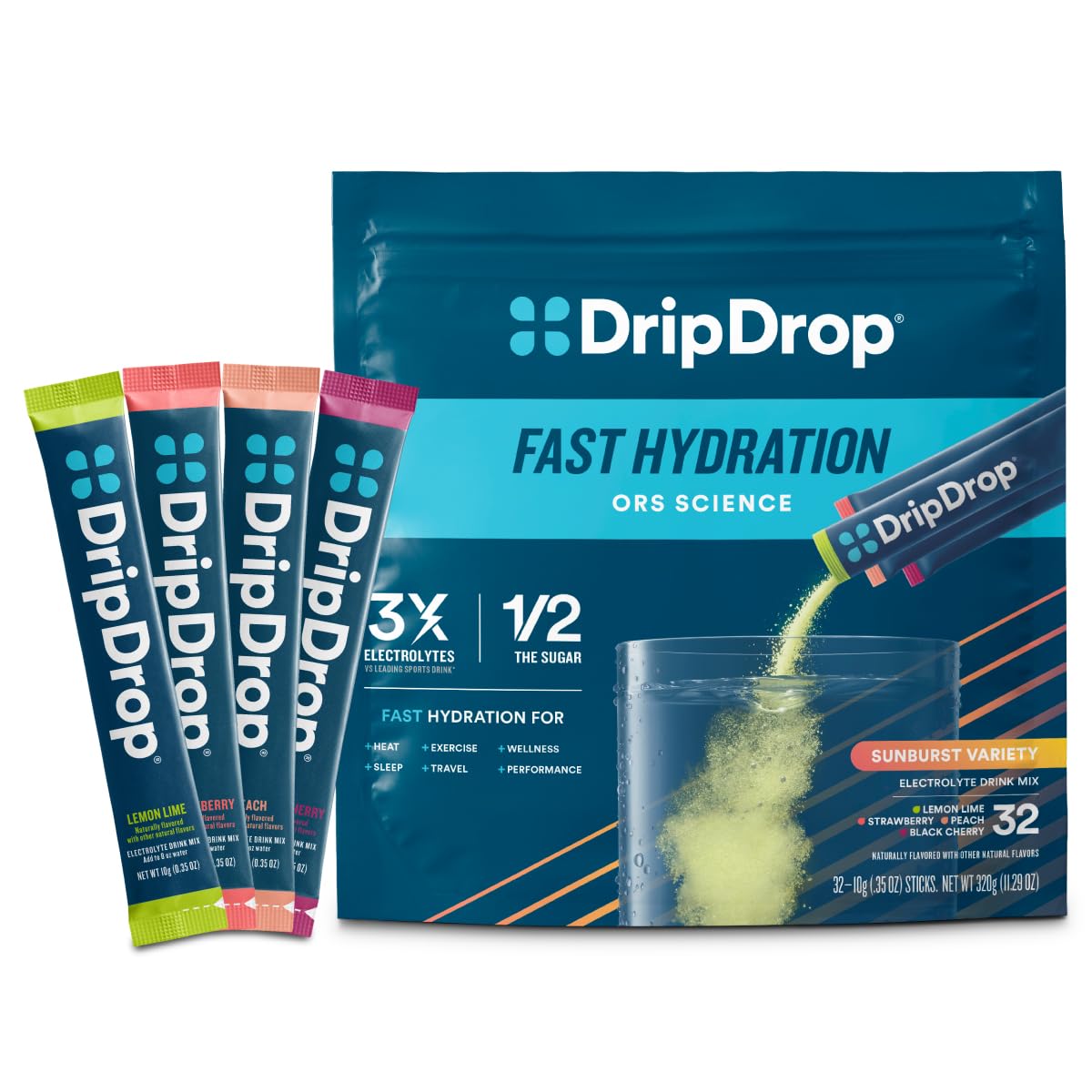 DripDrop envase frontal Sunburst mostrando 32 sobres y beneficios rápidos