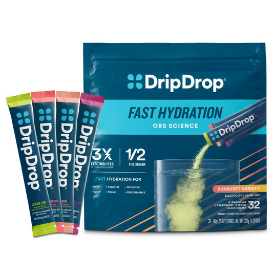 DripDrop envase frontal Sunburst mostrando 32 sobres y beneficios rápidos