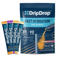 DripDrop paquete frontal mostrando 16 sobres tropicales y fácil transporte
