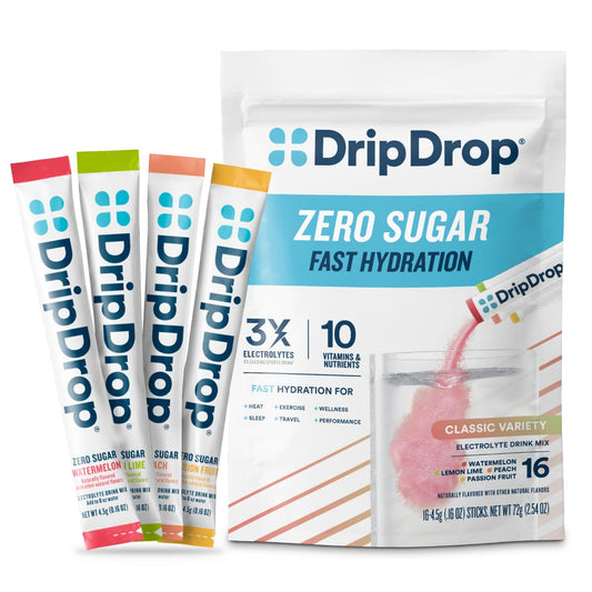 DripDrop frente del paquete mostrando 16 sobres y nutrición rápida