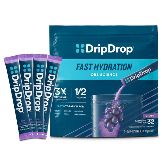 DripDrop empaque frontal mostrando 32 sobres para hidratación rápida