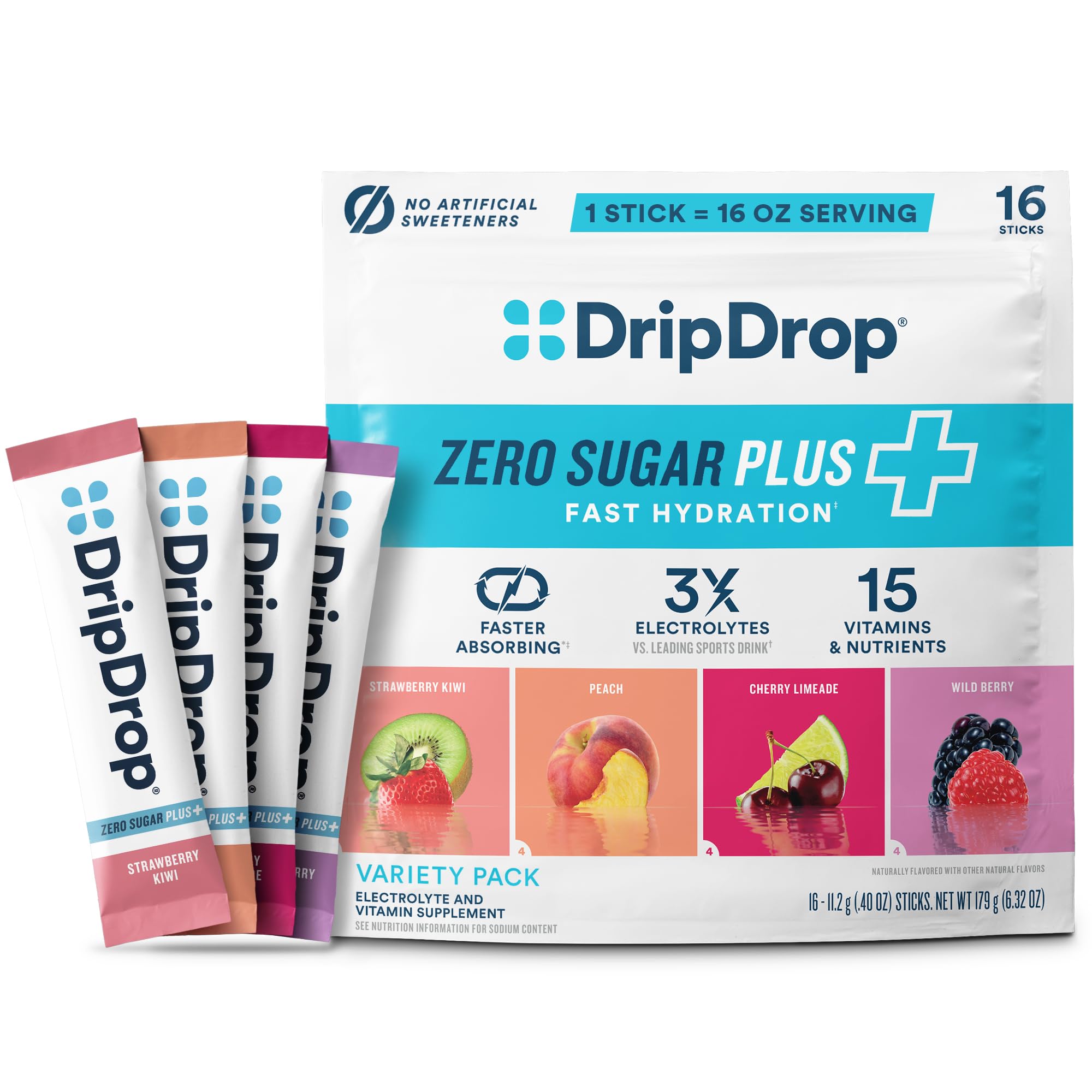 DripDrop envase frontal mostrando sobres y beneficio de hidratación rápida