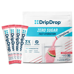 DripDrop paquete frontal Watermelon mostrando 32 sobres y portabilidad