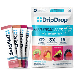 DripDrop paquete frontal mostrando diseño y variedad para hidratación rápida