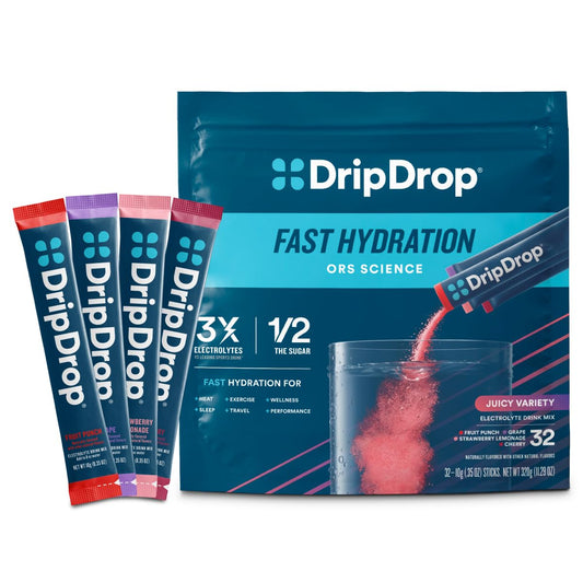 DripDrop paquete frontal mostrando 32 sobres y ventaja de hidratación rápida