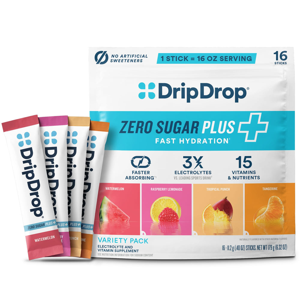 DripDrop paquete frontal mostrando sobres y variedad, hidratación sin azúcar