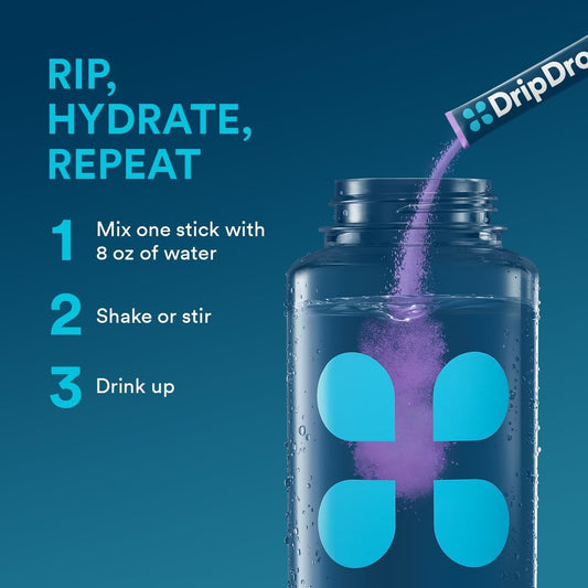 DripDrop sobre abierto con polvo de uva, fácil disolución visible