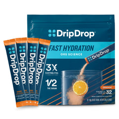 DripDrop sobre naranja frente mostrando empaque y conveniencia